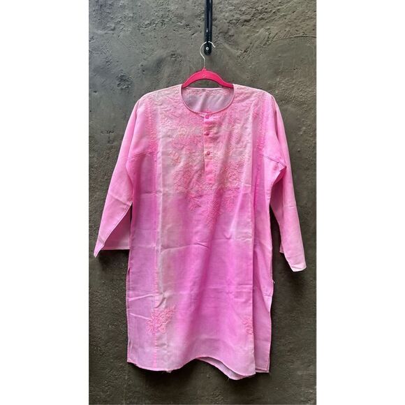 PINK TIE DYE SEMI SHEER COTTON CAFTAN COVERUP EMBROIDERED LONG KURTA TOP L/XL - Picture 6 of 15